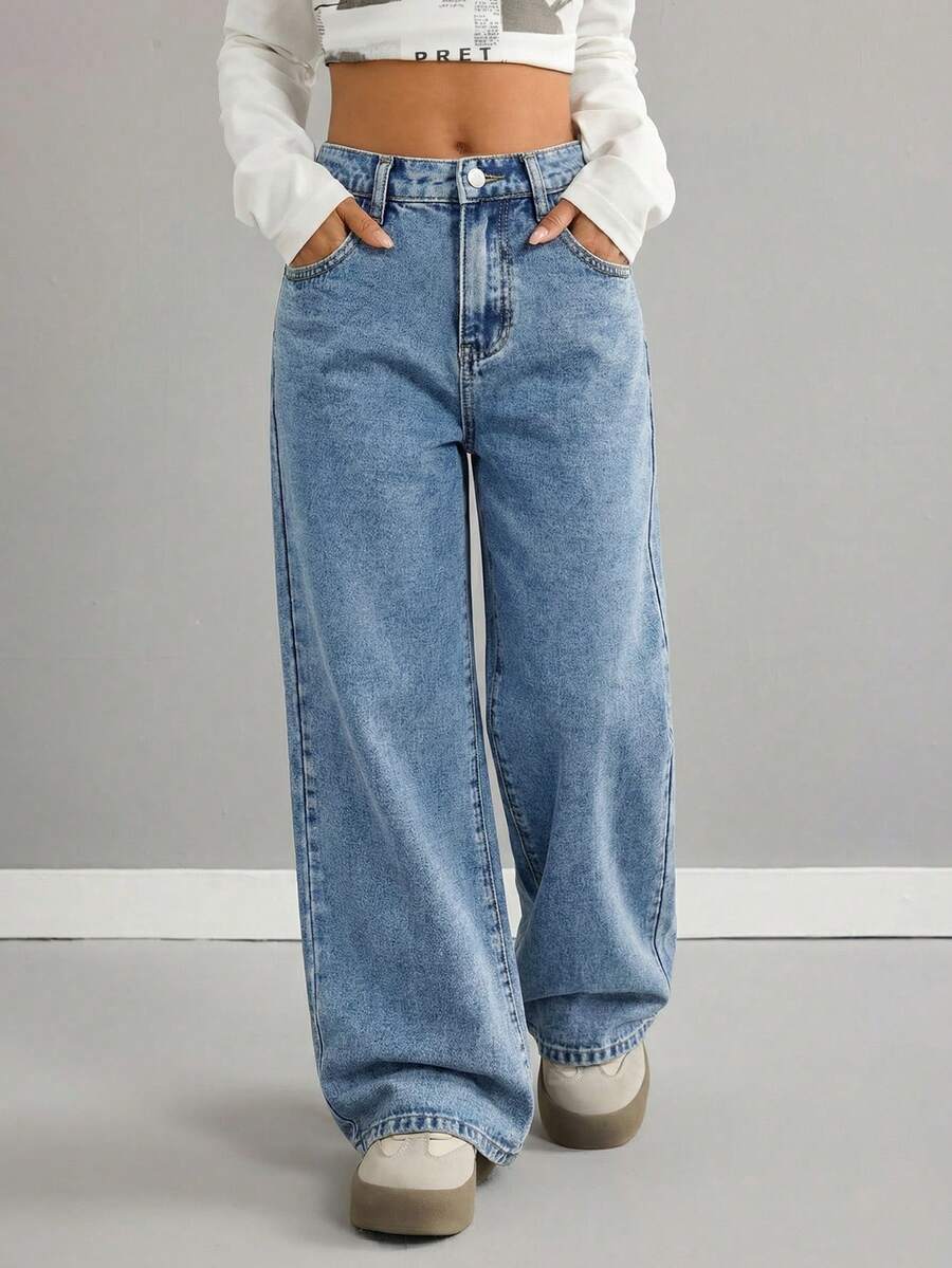 SHEIN Jeans anchos y holgados de color caqui para niñas - Lavado ligero - Ver 1