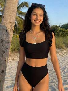 SHEIN Teen Girls' Black Cap Sleeve Simple Beach Vacation Swimsuit 2 Pieces Set, Spring/Summer - Black - View 4