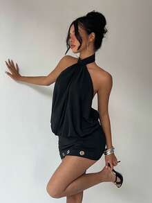 Aloruh Women's Fashionable Sexy Keyhole Backless Mini Dress, Summer - Black - View 8