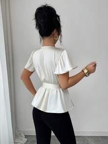 Elenzga Blusa elegante de mujer con cuello en V, lazo, decoración floral y mangas con volantes en línea A, adecuada para citas, primavera/verano - Albaricoque - Ver 3