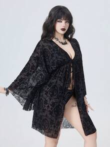 ROMWE Goth Women's Summer Vacation Sheer Loose Bat Print Kimono Cover Up - Black - View 4