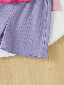 SHEIN Genkimix Kids 3件装女童休闲条纹纹理编织双层荷叶边吊带背心和松紧腰荷叶边短裤，颜色：米色、绿色、紫色，适合4-7岁儿童户外运动和休闲穿着 - 彩色 - 查看 6