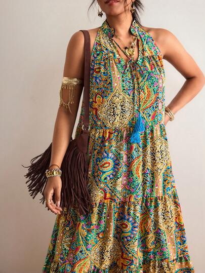 Freevana Bohemian Vintage Printed Halter Dress, Retro Distressed Loose Flowy Long Dress, Vacation Style Slimming Cover-Up Dress, Summer