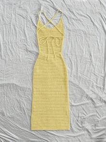 SHEIN Unity 时尚镂空性感女装连衣裙，简约时尚，适合夏季 - 黃色 - 查看 2