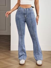 SHEIN PETITE 女士口袋纽扣休闲百搭日常喇叭牛仔裤 - 藍色 - 查看 3