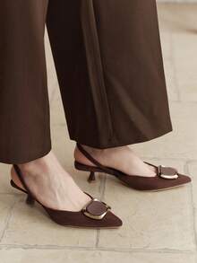 女士尖头露跟凉鞋，透气针织面料，细跟，舒适后带设计 - 棕色 - 查看 3
