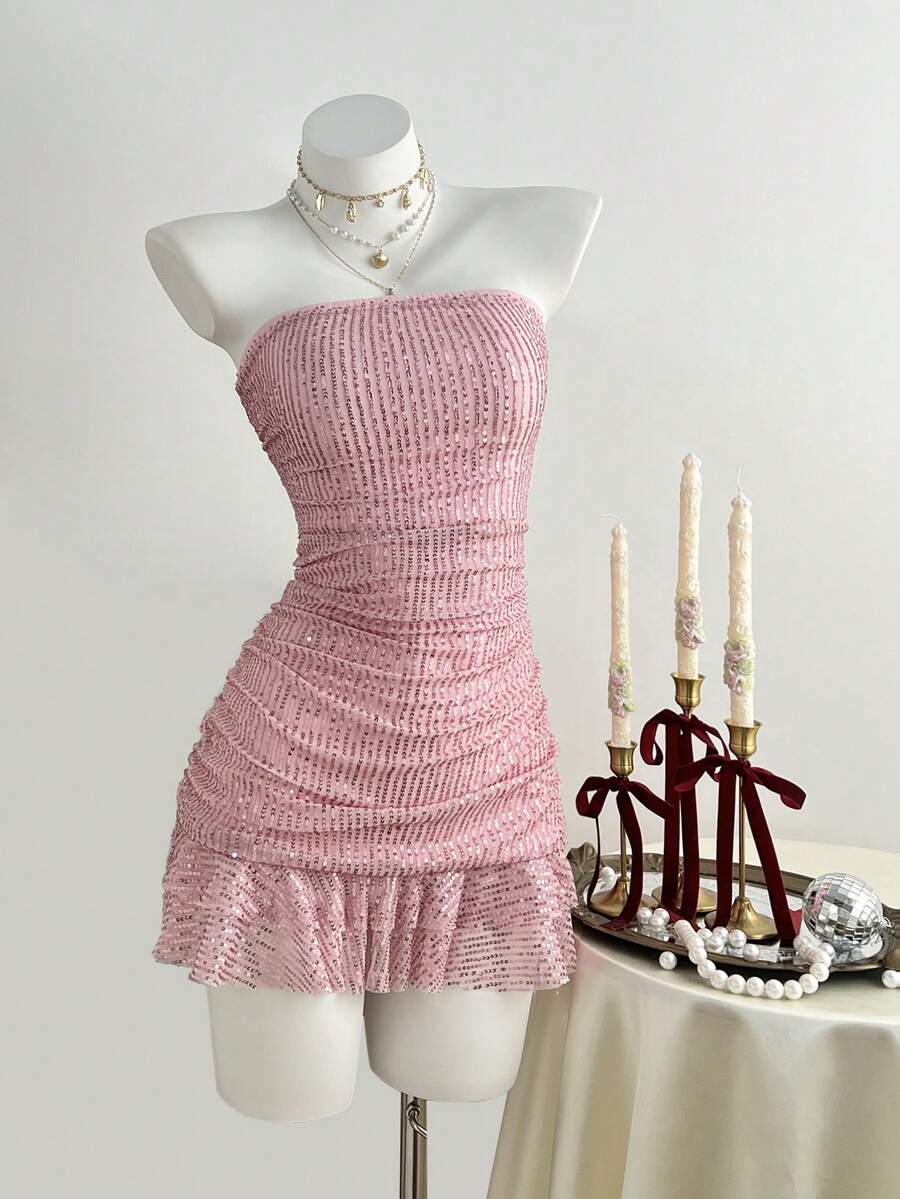 Elamini Women's Fashionable Sequin Ruffle Hem Strapless Dress, Summer - Pink - View 1