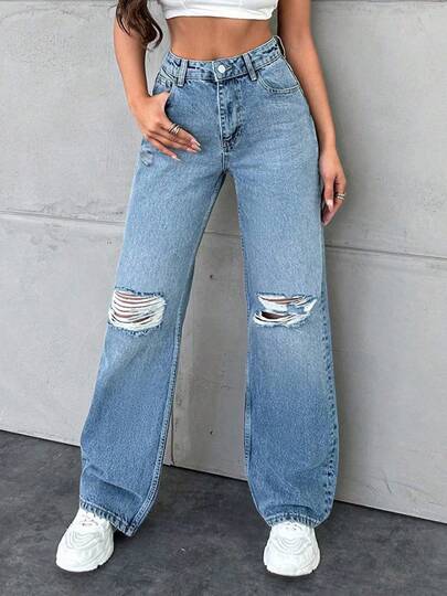 YOKASA  Pantalones De Mezclilla Holgados Para Mujer Desgastados. Jeans tipo boyfriend de talle alto roto.