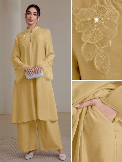 Graceveil 2pcs/Set Women Elegant Stand Collar Ruffle Cuff Long Sleeve Set Modest