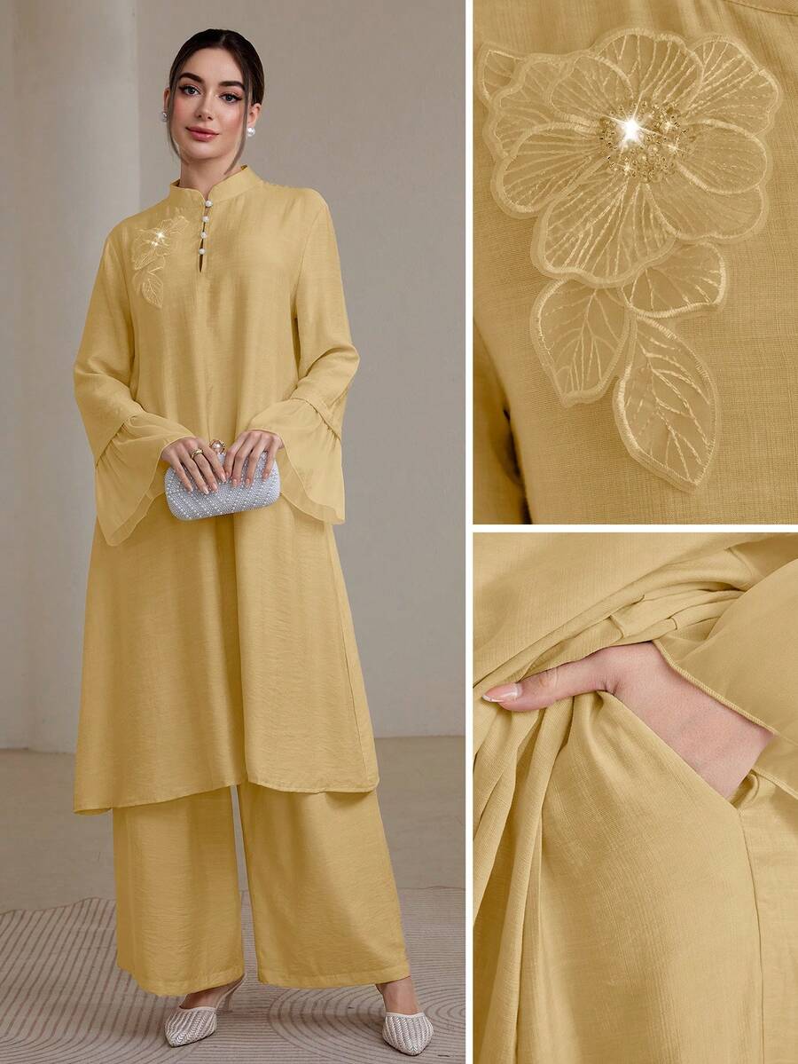Graceveil 2pcs/Set Women Elegant Stand Collar Ruffle Cuff Long Sleeve Set Modest - Yellow - View 1