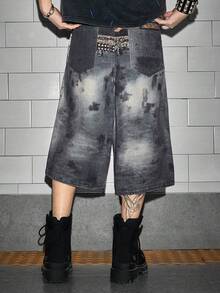 ROMWE MEN Street Life Men's Digital Print Faux Multi-Waistband Denim Shorts - Blue - View 3