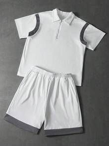 Manfinity Roghcode Set di t-shirt con chiusura lampo a metà e pantaloncini con colletto, stile casual da strada adatto per viaggi e vacanze - Multicolore - Visualizzare 3