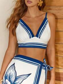 CAJUNI Ocean Print Cami Top And Sarong Skirt Set - Blue and White - View 2