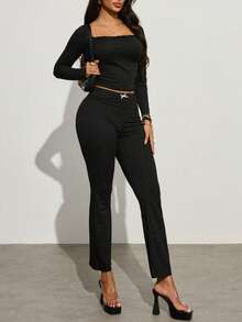 INAWLY 2pcs Women Solid Color Lace Bow Patchwork Long Sleeve Top And Pants Set - Black - View 1
