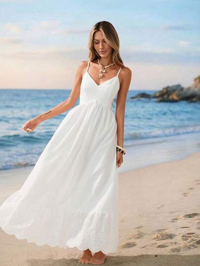 Sylviya 女士休闲蕾丝拼接吊带裙，度假风