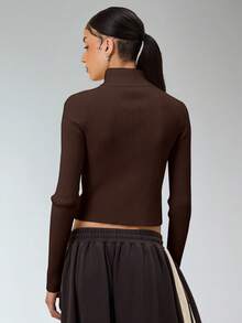 COUREZ Asymmetric Zip Up Fitted Rib Knit Jumper With Graphic /Y2K Going Out For Women Spring For Women Going Out Tops Rave Women's Spring Sweater - Brown - View 3