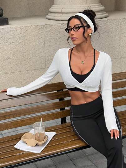 Dewbera 女士宽松扭结前襟长袖运动上衣，白色竹纤维面料，适合休闲穿着、跑步、瑜伽、健身、网球、高尔夫，春夏秋季皆宜。