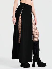 Breakform Bộ đồ nữ gợi cảm phong cách Gothic màu trơn, chất liệu vải dệt kim có lỗ thông hơi, kết hợp với chân váy ôm sát dài đến mắt cá chân, cạp cao co giãn với khoen kim loại màu trơn, xẻ tà cao phía trước. - màu đen - Xem 1