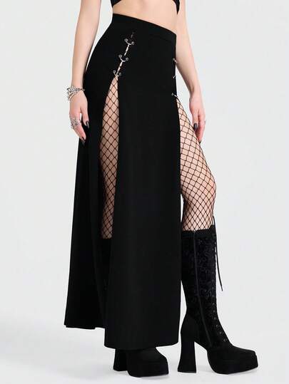 Breakform Gothic Straps Slits Sexy Music Festival Cool Women's Sexy Gothic Solid Color Knitted Fabric With Eyelets, Paired With Solid Color Metal Spring Ring Elastic Waist High Waist Bodycon Front High Slit Ankle-Length Skirt