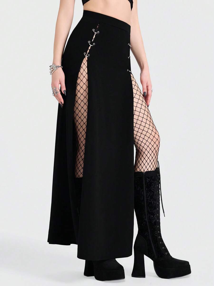 Breakform Bộ đồ nữ gợi cảm phong cách Gothic màu trơn, chất liệu vải dệt kim có lỗ thông hơi, kết hợp với chân váy ôm sát dài đến mắt cá chân, cạp cao co giãn với khoen kim loại màu trơn, xẻ tà cao phía trước. - màu đen - Xem 1