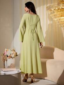 Modelyn Women's Elegant V-Neck Cutout Flared Long Sleeve Blue Dress - Green - View 2