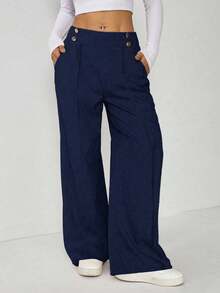 SHEIN EZwear 大码优雅休闲金属双扣直筒办公裤，秋冬款 - 藏蓝色 - 查看 1