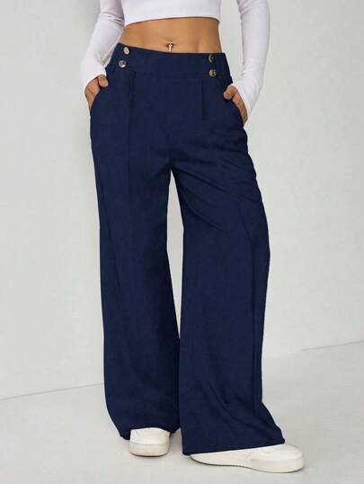 SHEIN EZwear Plus Size Elegant Casual Metal Double Button Straight Leg Office Pants, Autumn/Winter