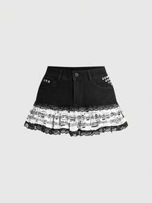 ROMWE J-Fashion Y2K Vintage Polka Dot Rivet Low Waist Musical Note Print Women Denim Mini Skirt - Grey - View 1