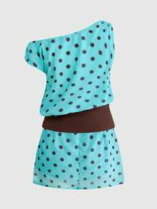 ROMWE Vacation Casual Polka Dot Print Asymmetric Asymmetrical Shoulder Top And Mini Skirt 2-Piece Set - Multicolor - View 2