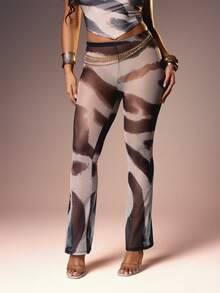 MISSGUIDED Women's Flare Leg Chain Detail Trousers High Rise Abstract Print Pants Fall Fashion Statement Bottoms - Multicolor - View 1