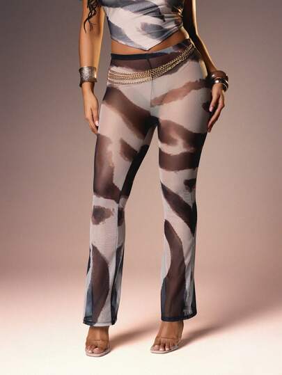 MISSGUIDED Women's Flare Leg Chain Detail Trousers High Rise Abstract Print Pants Fall Fashion Statement Bottoms