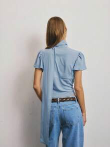 Aralina 女士纯色简约短袖衬衫，休闲日常穿着 - 淺藍色 - 查看 3
