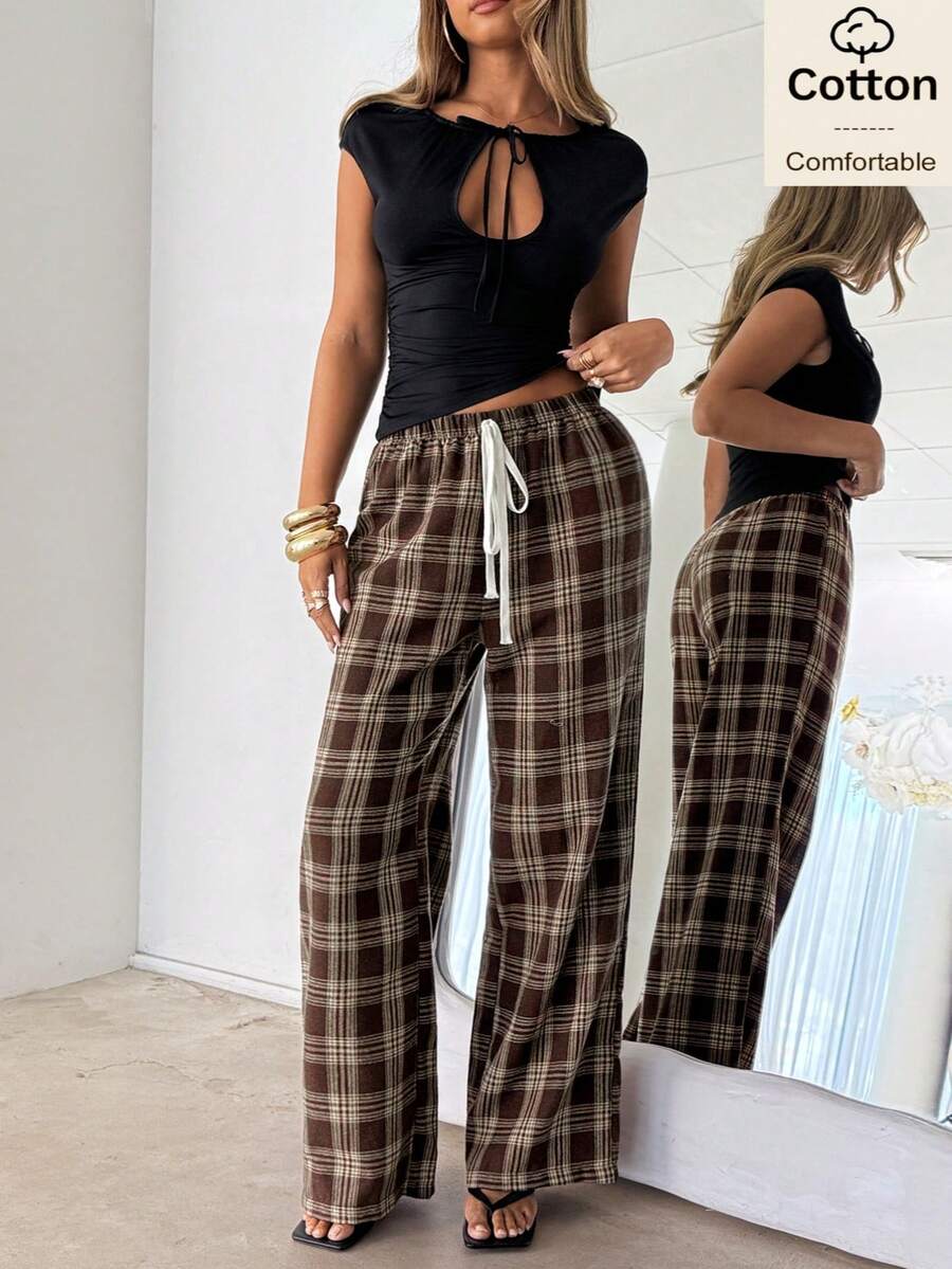 Siren Gaze Women's Casual Plaid Minimalist Daily Wear Pants - Coffee Brown - View 1
