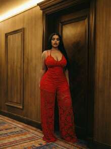 Slaydiva 新款/复活节/西部风/节日/新年/情人节性感/街头风女装/辣妹蕾丝吊带连体裤 大码 - 红色 - 紅色 - 查看 9