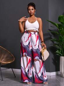 Slaydiva Pantalones holgados de talla grande con estampado de patrones coloridos para primavera/verano y vacaciones - A - Multicolor - Ver 7