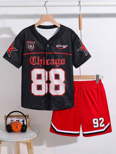 SHEIN Tween Boys' Casual Sports Letter & Number Print Striped Shirt And Shorts Set, Suitable For School, Daily Casual Wear, Sports, Summer