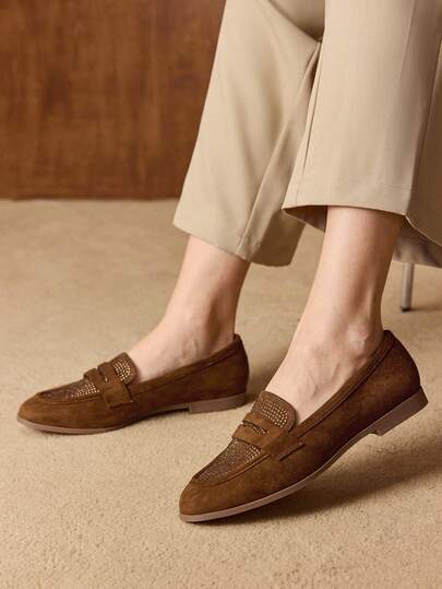 MOTF WOMEN'S FASHION COMMUTER SUEDE RHINESTONE EMBELLISHED FLAT SHOES