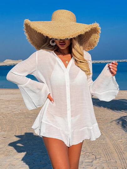 Swim Vcay 女士纯色梭织V领开衩袖优雅衬衫，简约设计，适合度假、海滩穿着，高品质喇叭袖开衫