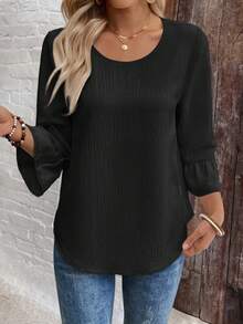 EMERY ROSE 女士纯色圆领休闲百搭七分袖衬衫 - 黑色 - 查看 8