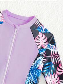 SHEIN Bộ áo tắm liền thân dài tay in hoa có khóa kéo dành cho bé gái tuổi teen, thích hợp cho mùa hè. - Màu tím - Xem 5