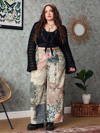 Große Größen Jeans für Damen, Retro Y2K Sexy Tierdruck Hippie Muster, schmale gerade Beine