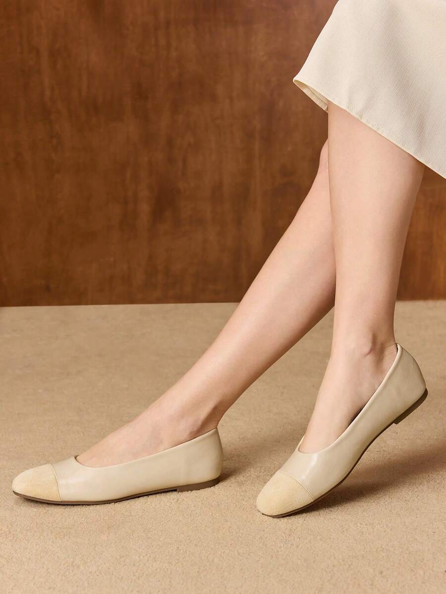 MOTF WOMEN CONTRAST PU LEATHER SQUARE TOE FLATS FOR CHRISTMAS SPRING SHOES - Apricot - View 2