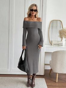 Easowa Đầm midi dài tay màu kaki dáng ôm trễ vai, chất liệu lông mềm mại, kiểu dáng thời trang mới, thích hợp cho mùa thu/đông. - Màu xám đen - Xem 3