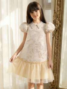 SHEIN 少女碎花领串珠休闲连衣裙 - 白色 - 查看 3