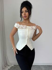 SHEIN Clasi Elegant Casual Commute Daily Matching Shirt For Women With 3D Floral Decor, Waisted, Button-Up, Slit Hem, Suitable For Summer - Beige - View 6