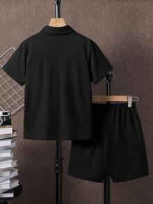 2pcs/Set Tween Boy Casual Contrast Color Block Polo Shirt And Shorts Set, Suitable For Commuting, School, Daily Casual Wear, Sports, Spring/Summer - Black - View 4