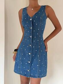Aloruh Women's Summer Casual Sequin Front Button Denim Dress - Blue - View 3