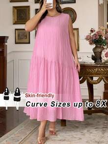 SHEIN CURVE+ Đầm mùa hè dáng rộng, thoải mái, không tay, kiểu dáng bất đối xứng, dành cho nữ cỡ lớn, ngày lễ tình nhân, thích hợp cho nữ. - Hồng - Xem 5