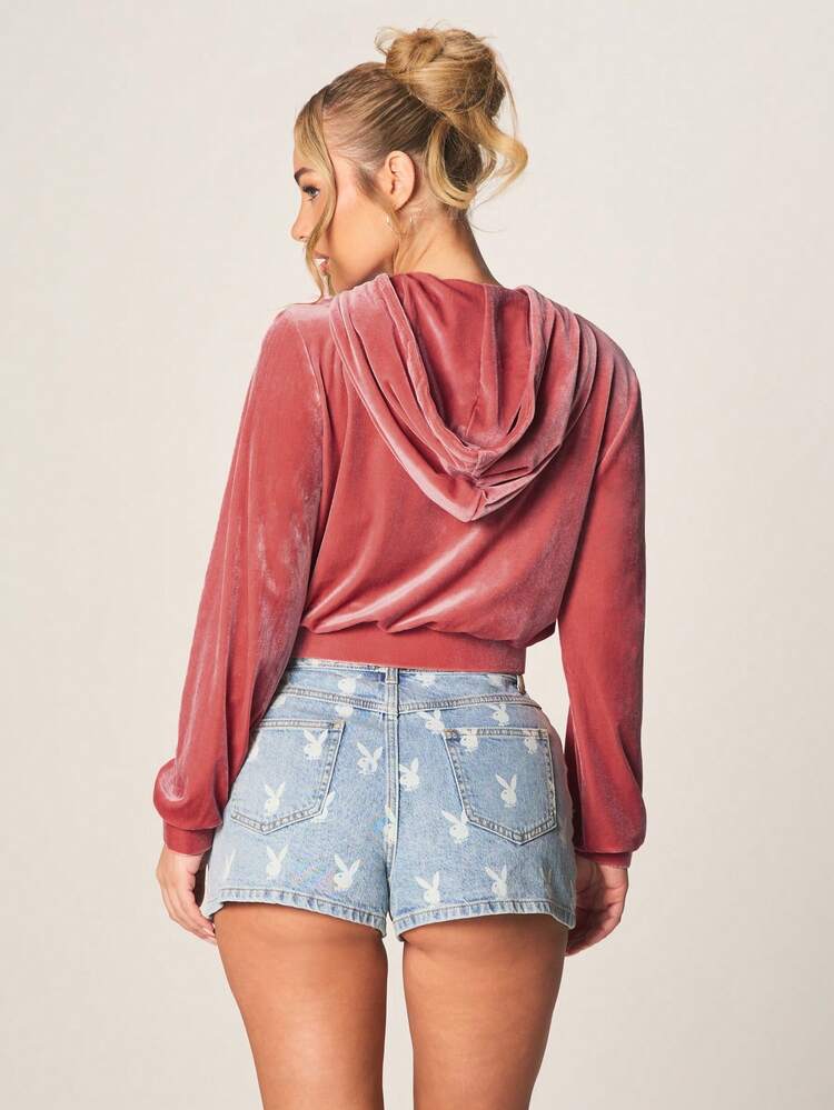 Missguided x Playboy Women Velvet Zip Up Hoodie With Drawstring Long Sleeve Crop Top Fall Winter Casual Streetwear Fashion