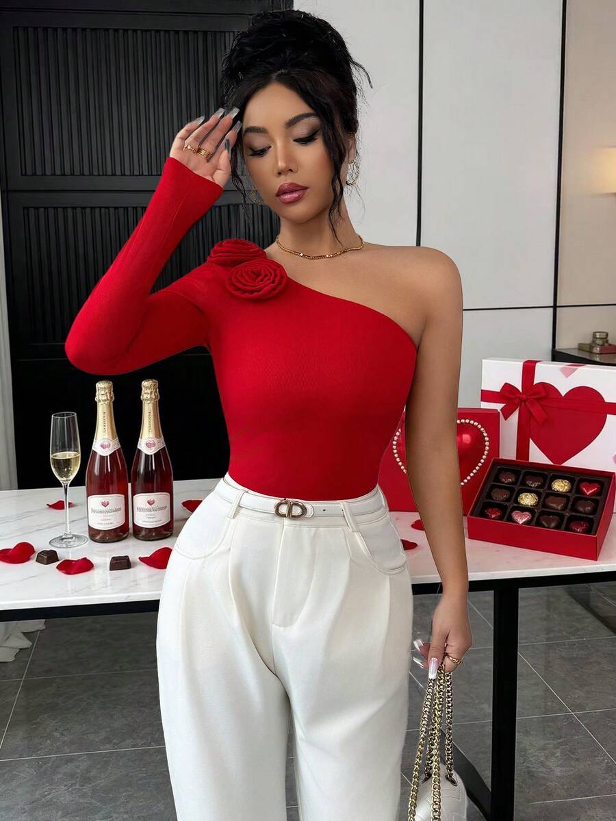 Rafferiza 斜肩长袖收腰纯色T恤，适合春、夏、秋、冬四季穿着，也适合约会、聚会、派对、万圣节、圣诞节、感恩节等场合，优雅休闲，通勤穿着。红色单袖上衣，单肩上衣，红色上衣，女士红色休闲上衣，女士红色上衣，玫瑰装饰红色上衣，红色不对称上衣，红色性感上衣。 - 紅色 - 查看 1